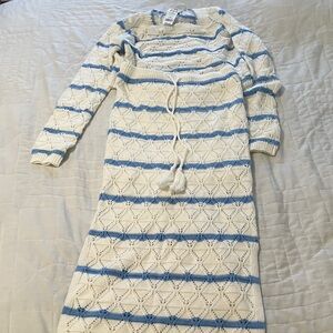 Blue and White knit set with sweater cropped top and maxi skirt